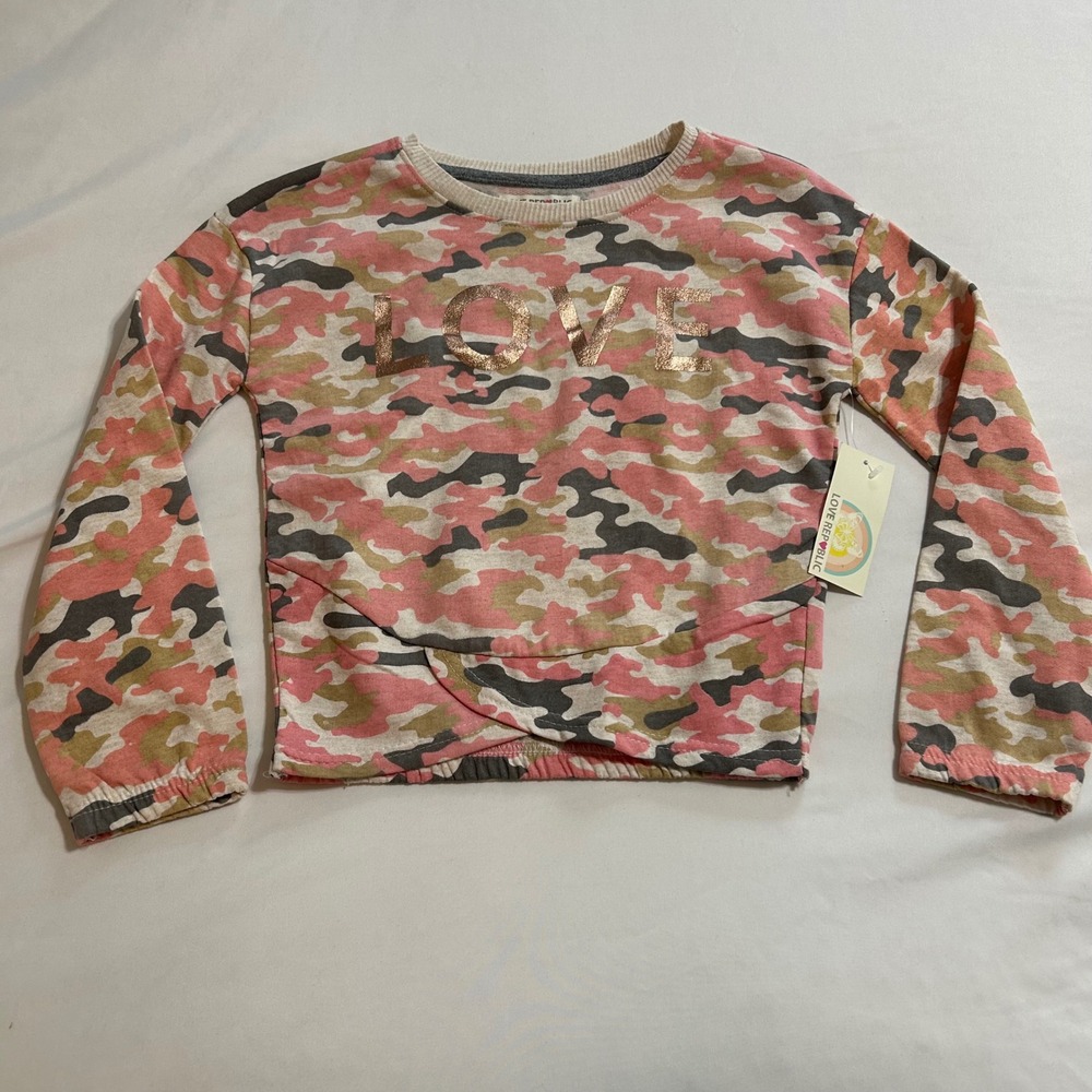 Love Republic Girls Pink Camo Love Sweatshirt Crossover Hem Size 6X NWT